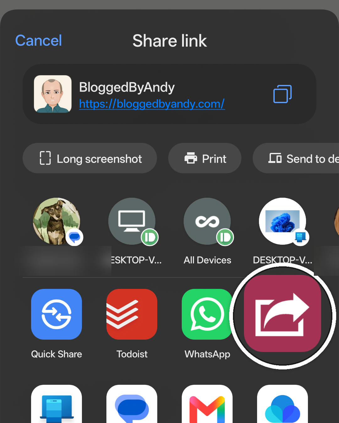 Android share sheet showing BloggedByAndy being shared to ShareToWebhook with the ShareToWebhook icon enlarged in a circular lens