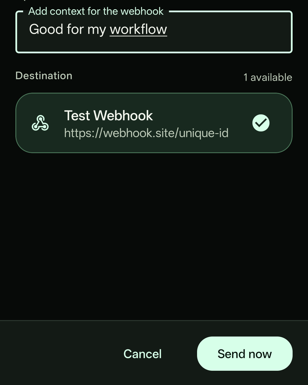 ShareToWebhook app screen showing an optional note, selected webhook destination, and Send now action