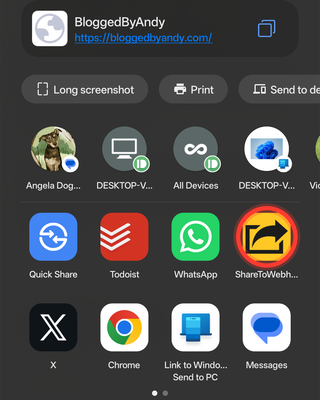 Android share sheet open over bloggedbyandy.com in Chrome with the yellow ShareToWebhook target circled