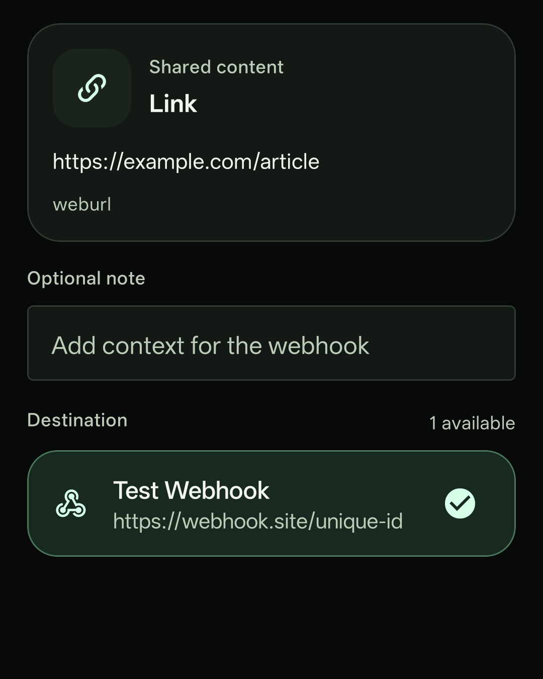 ShareToWebhook app screen showing shared link content and a selected Test Webhook destination